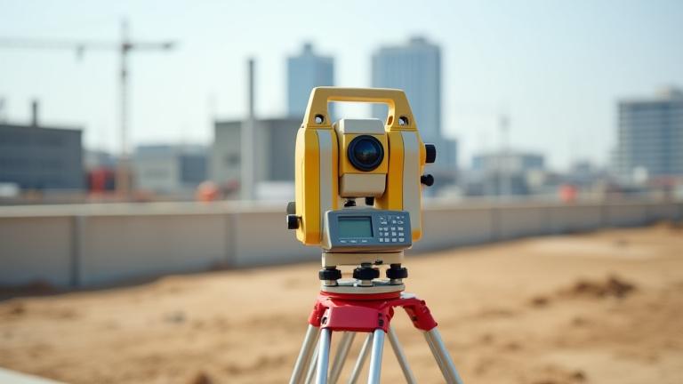 Geodéziai mérőműszer áll egy építkezésen, háttérben modern épületekkel