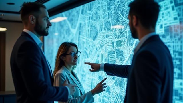 Két üzletember tárgyal egy nagy, interaktív térképes képernyő előtt