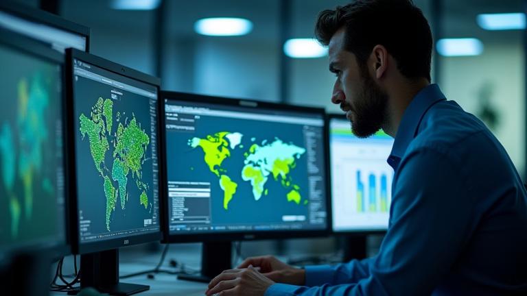 Szakértő dolgozik több monitor előtt, térképes adatokkal és elemzési grafikonokkal